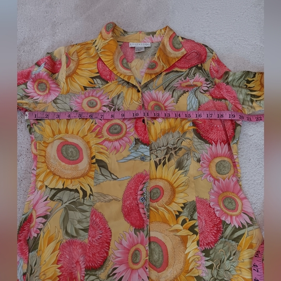 Don Caster~Vintage Yellow Pink & Green Floral Sunflower Silk Button Down Shirt - Picture 7 of 13